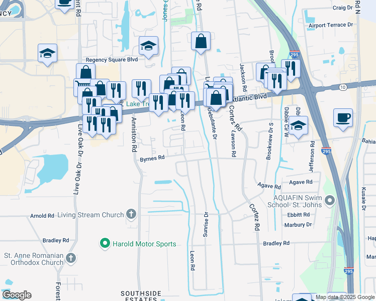 map of restaurants, bars, coffee shops, grocery stores, and more near 1775 Leon Road in Jacksonville