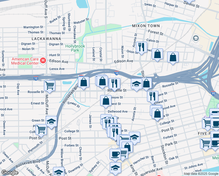map of restaurants, bars, coffee shops, grocery stores, and more near 2689 Rosselle Street in Jacksonville