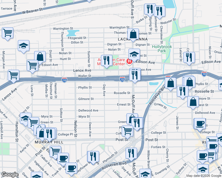 map of restaurants, bars, coffee shops, grocery stores, and more near 3112 Phyllis Street in Jacksonville