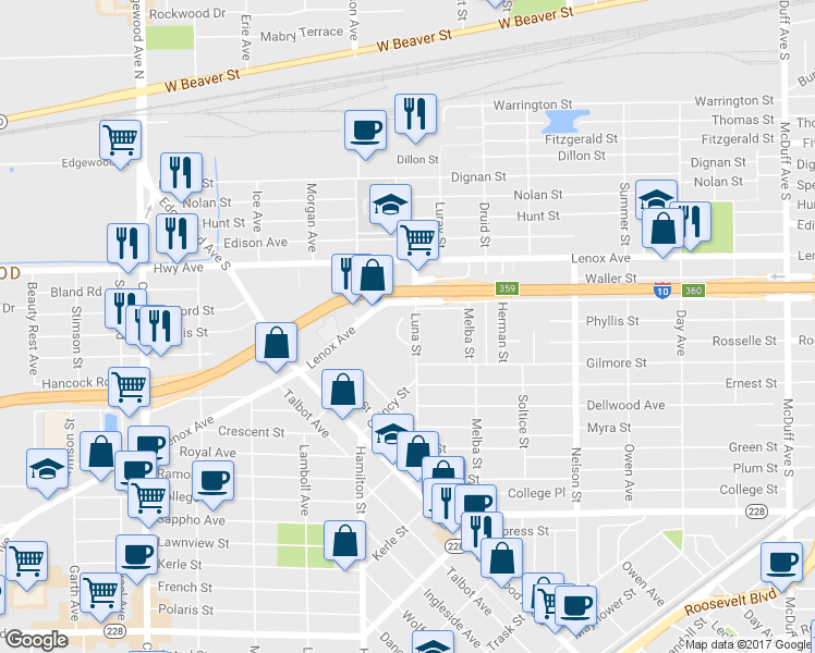 map of restaurants, bars, coffee shops, grocery stores, and more near 625 Luna Court in Jacksonville