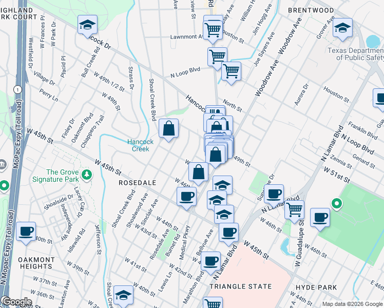 map of restaurants, bars, coffee shops, grocery stores, and more near 4708 Ramsey Avenue in Austin