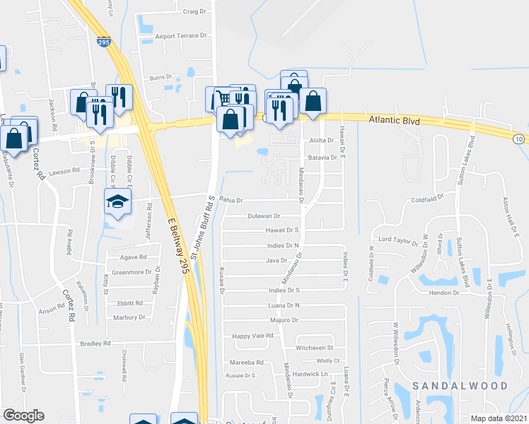 map of restaurants, bars, coffee shops, grocery stores, and more near 10787 Dulawan Drive in Jacksonville