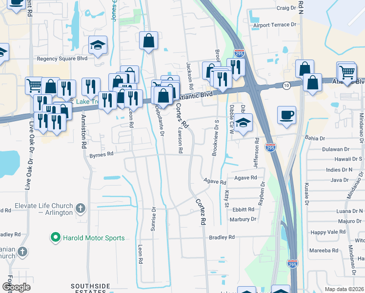 map of restaurants, bars, coffee shops, grocery stores, and more near 1774 Lawson Road in Jacksonville