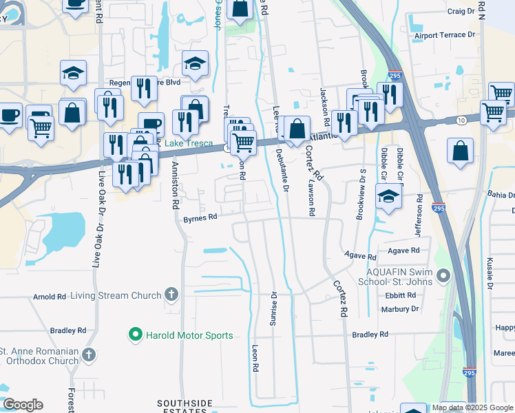 map of restaurants, bars, coffee shops, grocery stores, and more near 1775 Leon Road in Jacksonville