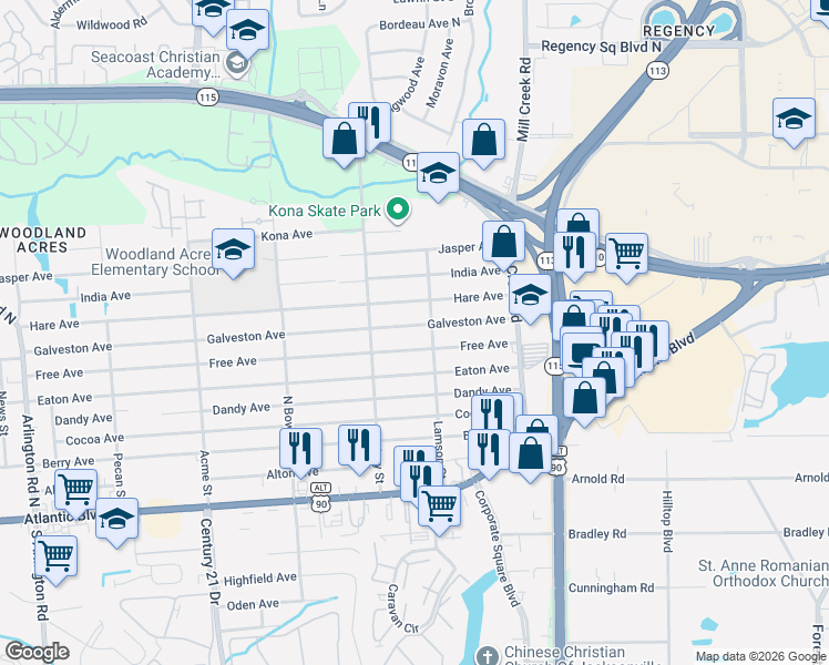 map of restaurants, bars, coffee shops, grocery stores, and more near 8834 Galveston Avenue in Jacksonville