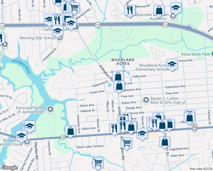 map of restaurants, bars, coffee shops, grocery stores, and more near 7248 Oakwood Drive in Jacksonville