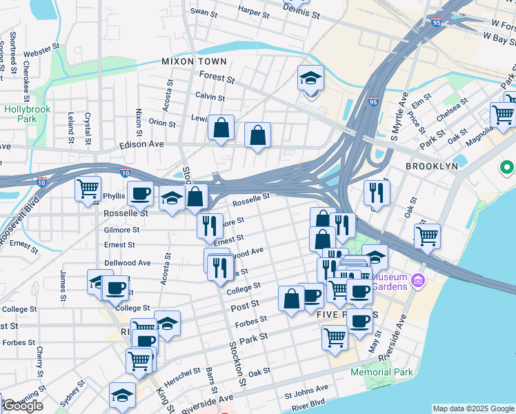 map of restaurants, bars, coffee shops, grocery stores, and more near 2205 Gilmore Street in Jacksonville