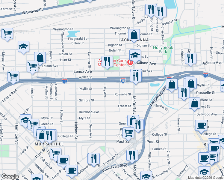 map of restaurants, bars, coffee shops, grocery stores, and more near 3112 Phyllis Street in Jacksonville