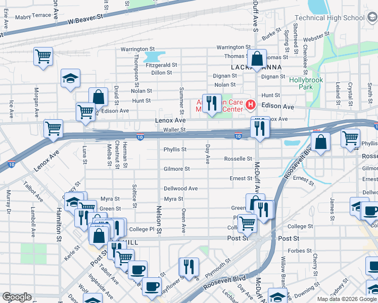 map of restaurants, bars, coffee shops, grocery stores, and more near 3244 Phyllis Street in Jacksonville