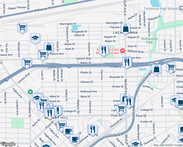 map of restaurants, bars, coffee shops, grocery stores, and more near 3244 Phyllis Street in Jacksonville