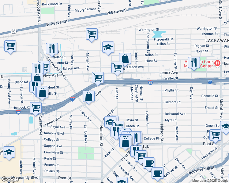 map of restaurants, bars, coffee shops, grocery stores, and more near 625 Luna Court in Jacksonville