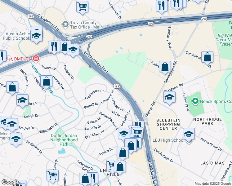 map of restaurants, bars, coffee shops, grocery stores, and more near 6600 Ed Bluestein Boulevard in Austin