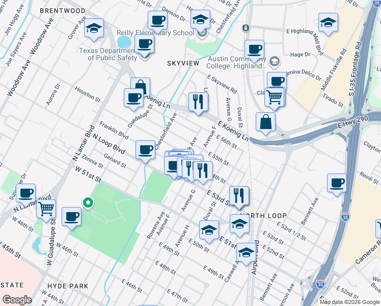 map of restaurants, bars, coffee shops, grocery stores, and more near 5406 Avenue F in Austin