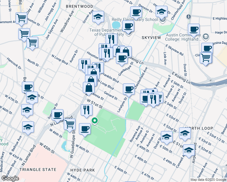 map of restaurants, bars, coffee shops, grocery stores, and more near 505 West North Loop Boulevard in Austin