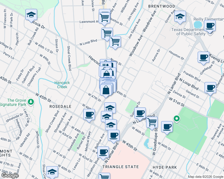map of restaurants, bars, coffee shops, grocery stores, and more near 4811 Burnet Road in Austin