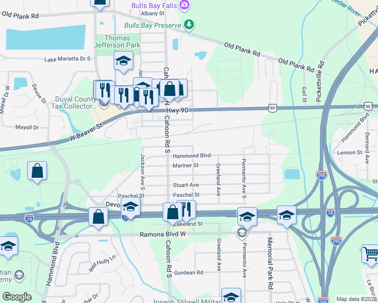 map of restaurants, bars, coffee shops, grocery stores, and more near 8003 Hammond Boulevard in Jacksonville