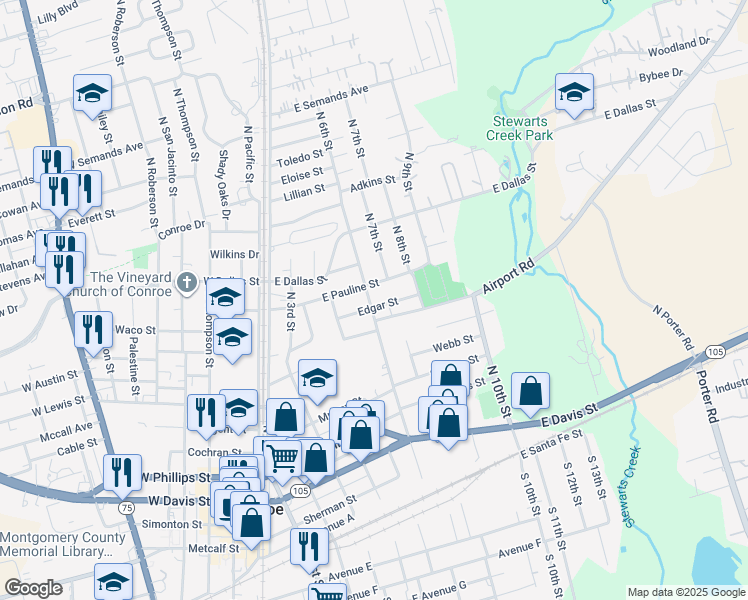 map of restaurants, bars, coffee shops, grocery stores, and more near 700 Edgar Street in Conroe