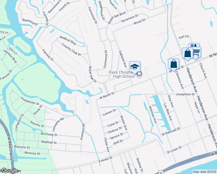 map of restaurants, bars, coffee shops, grocery stores, and more near 106 Timber Ridge Blvd in Pass Christian