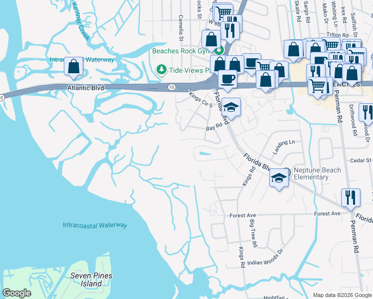 map of restaurants, bars, coffee shops, grocery stores, and more near 2043 Marye Brant Loop North in Neptune Beach