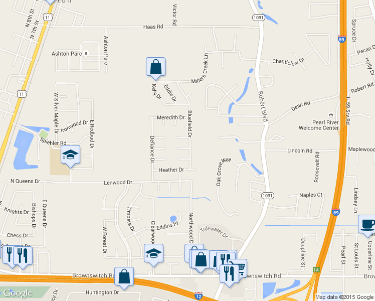 map of restaurants, bars, coffee shops, grocery stores, and more near 101 Leonell Circle in Slidell