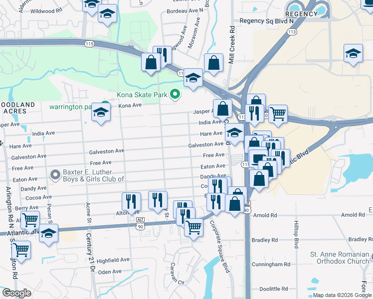map of restaurants, bars, coffee shops, grocery stores, and more near 8834 Galveston Avenue in Jacksonville