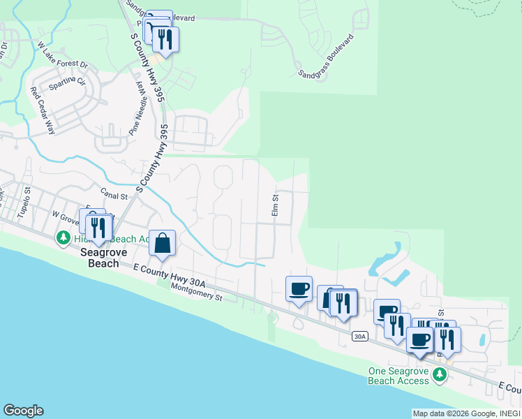 map of restaurants, bars, coffee shops, grocery stores, and more near 344 San Juan Avenue in Santa Rosa Beach