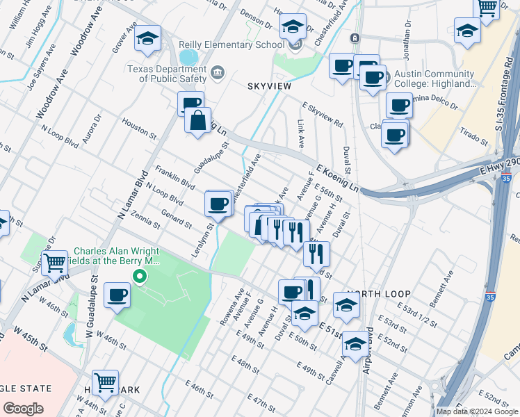map of restaurants, bars, coffee shops, grocery stores, and more near 109 Nelray Boulevard in Austin