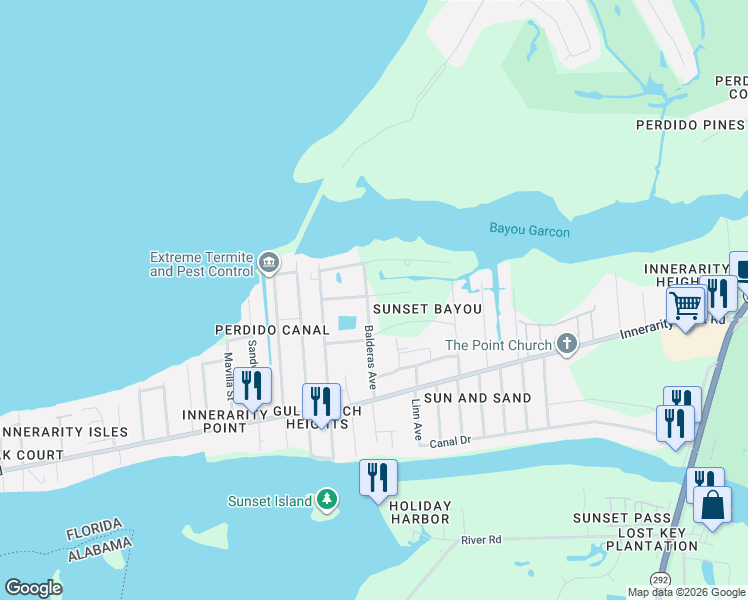 map of restaurants, bars, coffee shops, grocery stores, and more near 5560 Balderas Avenue in Pensacola