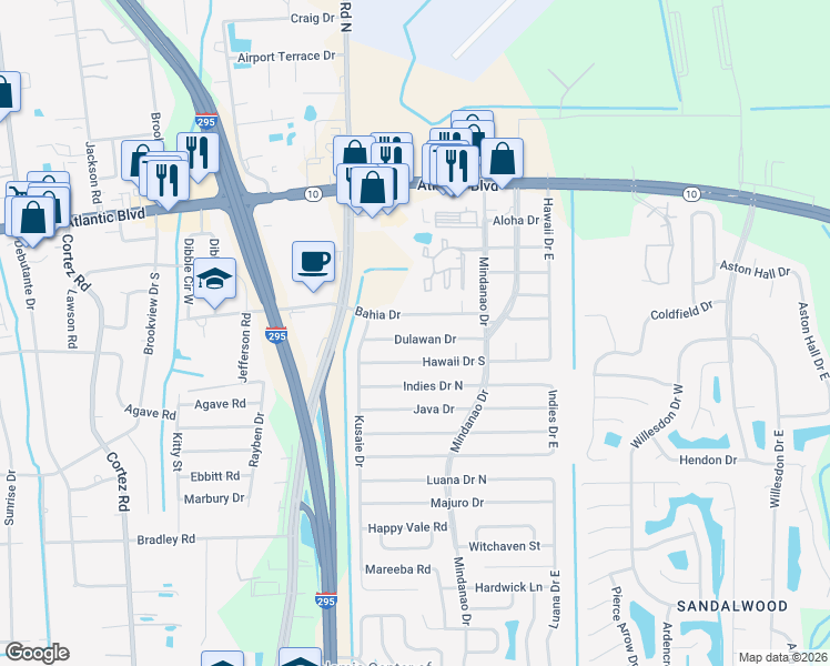 map of restaurants, bars, coffee shops, grocery stores, and more near 10787 Dulawan Drive in Jacksonville