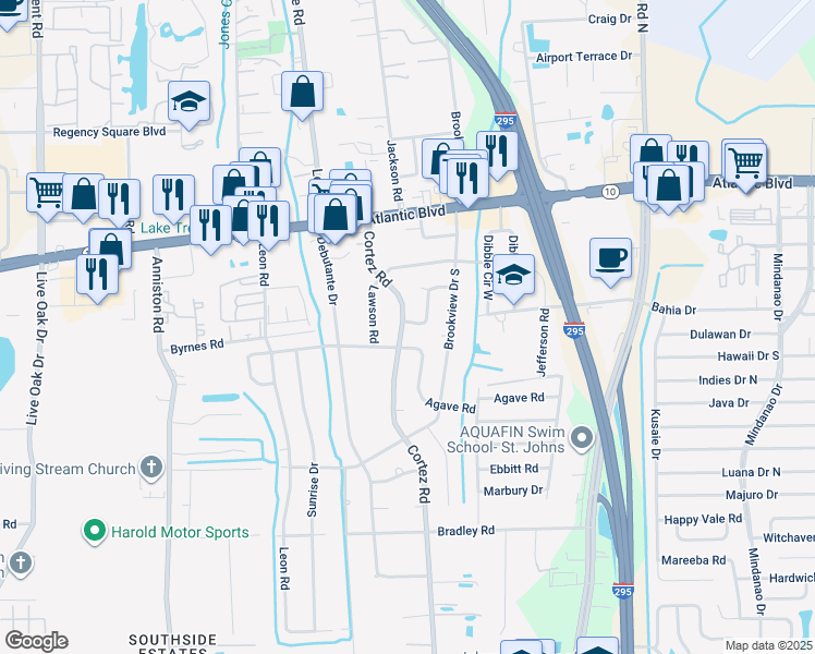 map of restaurants, bars, coffee shops, grocery stores, and more near 10302 Driftwood Road in Jacksonville