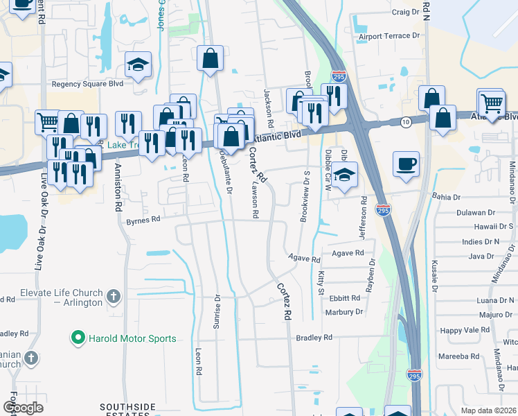 map of restaurants, bars, coffee shops, grocery stores, and more near 1774 Lawson Road in Jacksonville