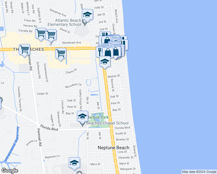 map of restaurants, bars, coffee shops, grocery stores, and more near 617 3rd Street in Neptune Beach