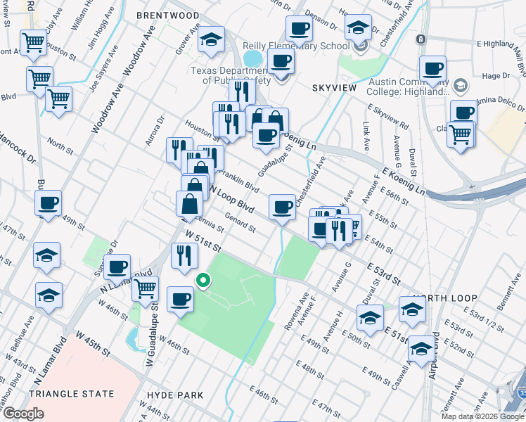 map of restaurants, bars, coffee shops, grocery stores, and more near 505 West North Loop Boulevard in Austin