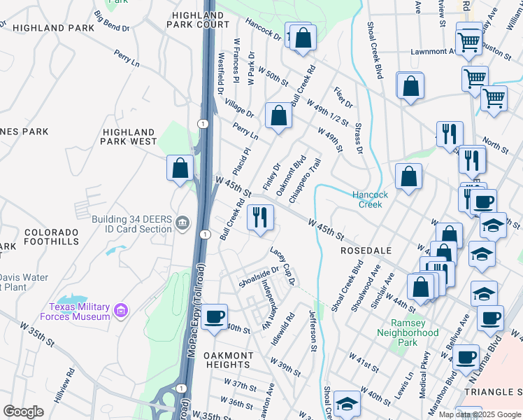 map of restaurants, bars, coffee shops, grocery stores, and more near 4507 Captain Street in Austin
