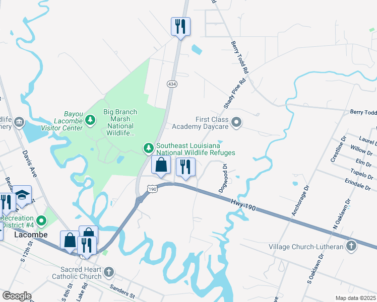 map of restaurants, bars, coffee shops, grocery stores, and more near 61125 Shady Pine Road in Lacombe
