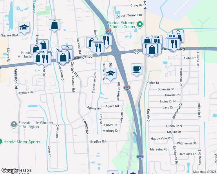 map of restaurants, bars, coffee shops, grocery stores, and more near 1808 Jefferson Road in Jacksonville