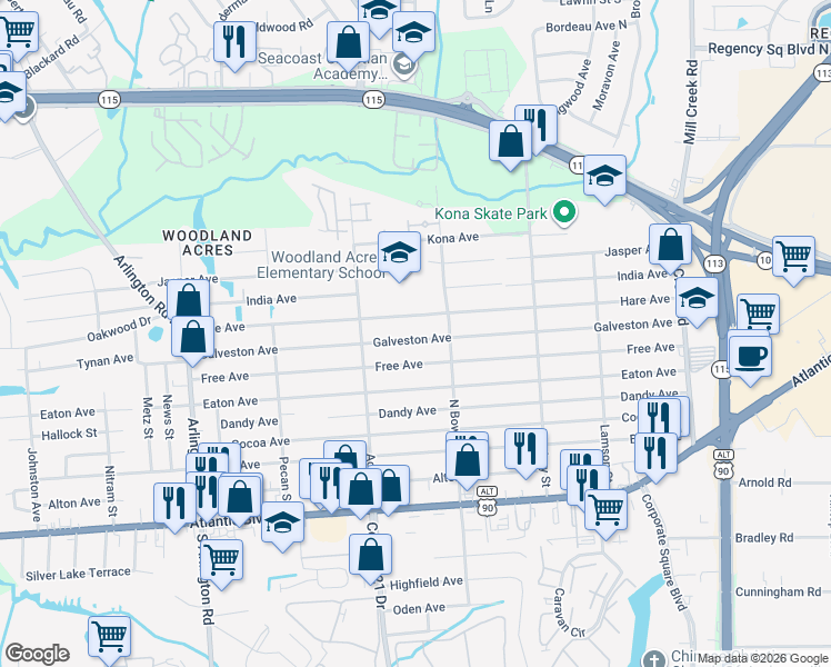 map of restaurants, bars, coffee shops, grocery stores, and more near 8157 Galveston Avenue in Jacksonville