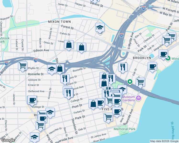 map of restaurants, bars, coffee shops, grocery stores, and more near 2105 Gilmore Street in Jacksonville
