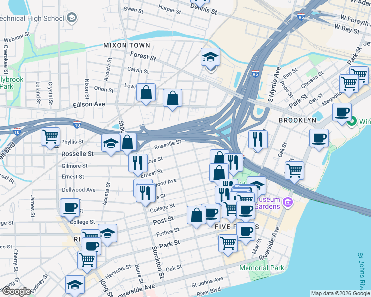 map of restaurants, bars, coffee shops, grocery stores, and more near 2105 Gilmore Street in Jacksonville