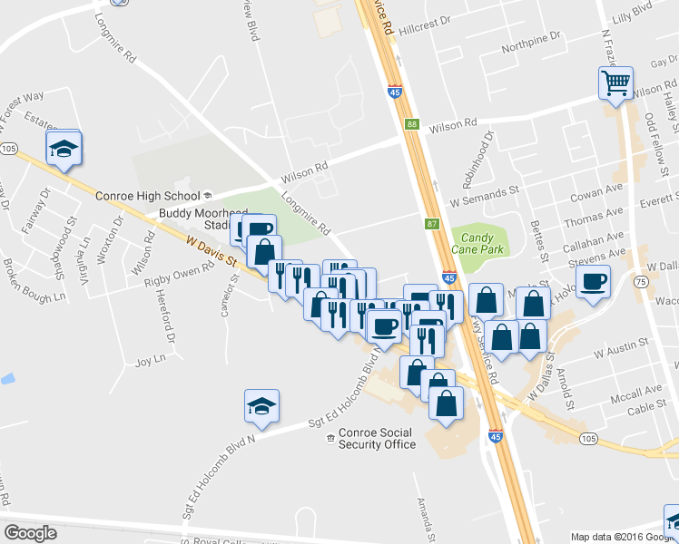 map of restaurants, bars, coffee shops, grocery stores, and more near 403 Longmire Road in Conroe