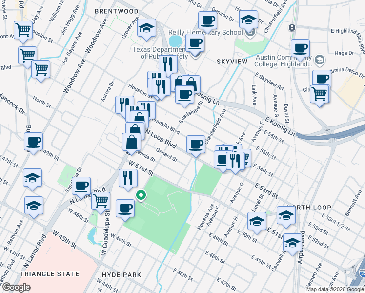 map of restaurants, bars, coffee shops, grocery stores, and more near 505 West North Loop Boulevard in Austin