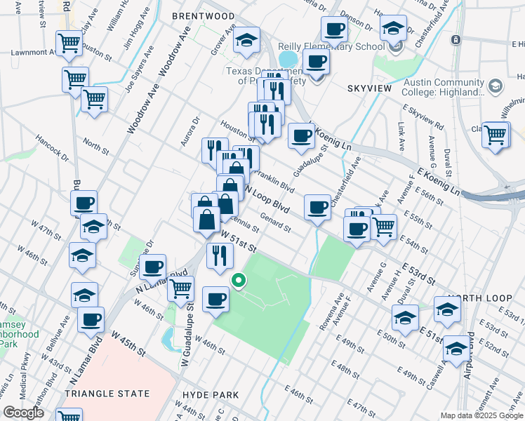 map of restaurants, bars, coffee shops, grocery stores, and more near 602 Genard Street in Austin
