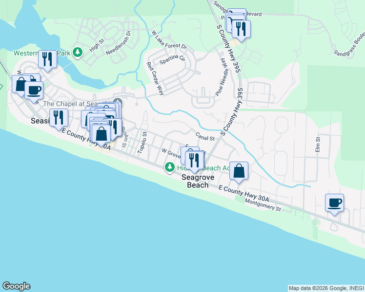 map of restaurants, bars, coffee shops, grocery stores, and more near 144 Hickory Street in Santa Rosa Beach