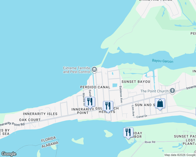 map of restaurants, bars, coffee shops, grocery stores, and more near 5526 Bob O Link Road in Pensacola