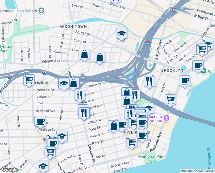 map of restaurants, bars, coffee shops, grocery stores, and more near 2105 Gilmore Street in Jacksonville