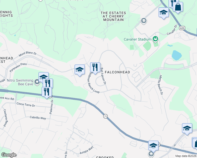map of restaurants, bars, coffee shops, grocery stores, and more near 15404 Bat Hawk Circle in Austin