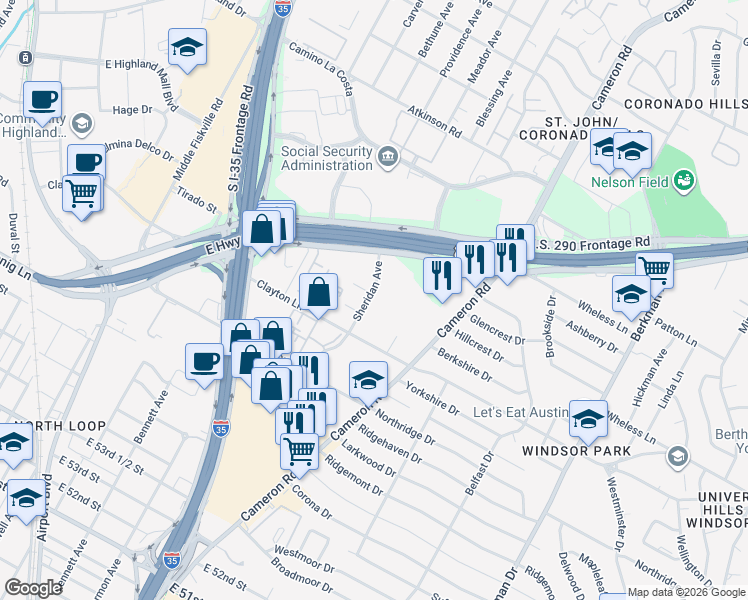 map of restaurants, bars, coffee shops, grocery stores, and more near 6015 Sheridan Avenue in Austin