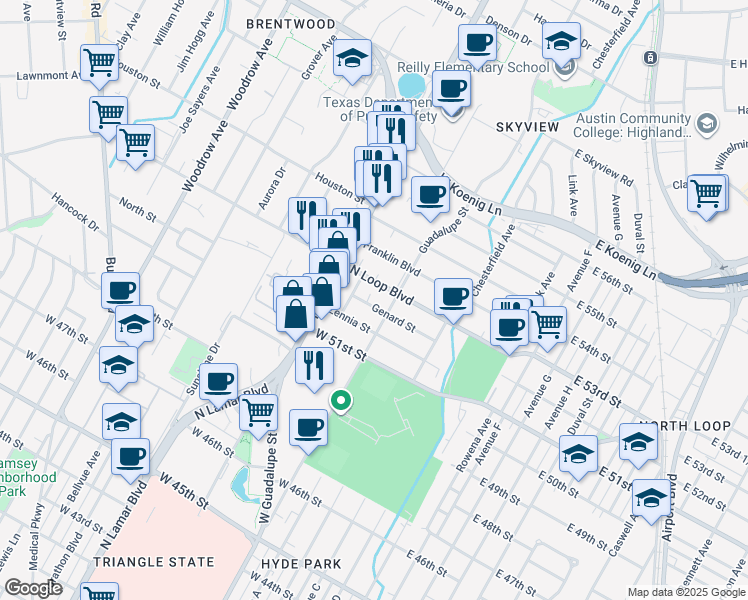 map of restaurants, bars, coffee shops, grocery stores, and more near 602 Genard Street in Austin