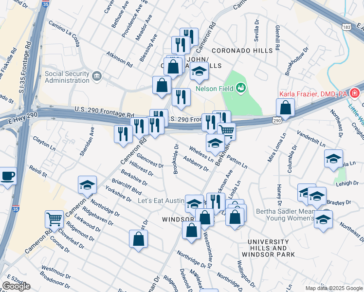 map of restaurants, bars, coffee shops, grocery stores, and more near 6303 Brookside Drive in Austin