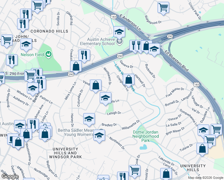 map of restaurants, bars, coffee shops, grocery stores, and more near 2306 Vanderbilt Circle in Austin